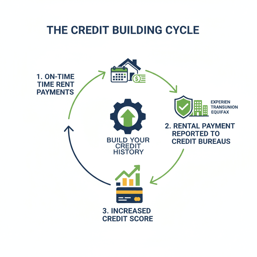 Flow diagram showing rent payment to credit bureau reporting process